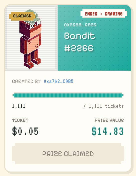 A raffle card showing prize art, countdown, entries sold and the entry price